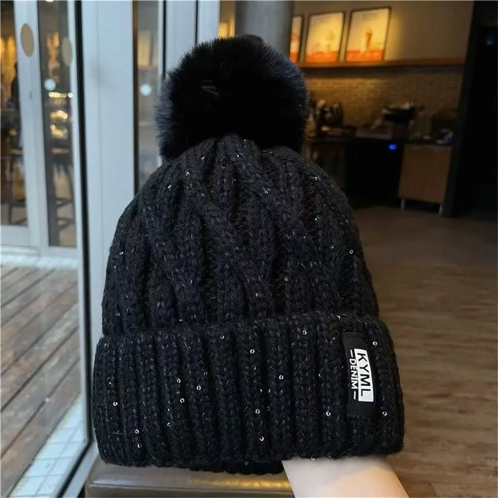 Casual Thickened Winter Hat Keep Warm Knitted Cap Pompoms Hat Women