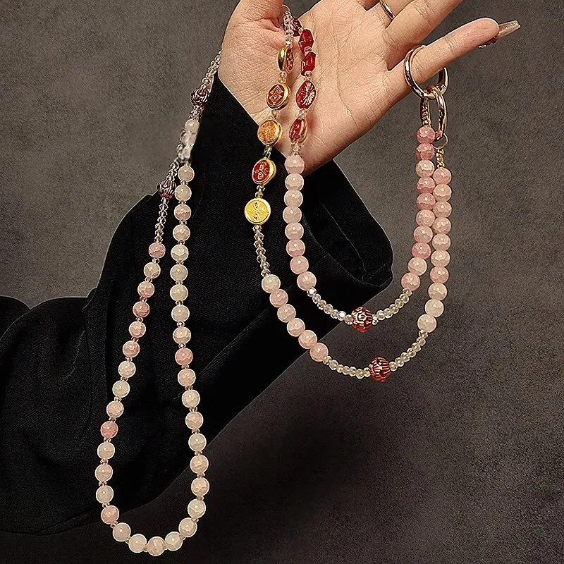 Chinese Style Five Way Fortune Gods Pink Crystal Beaded Long Crossbody Lanyard Universal Mobile Phone Case Bag Pendant Lucky Wea