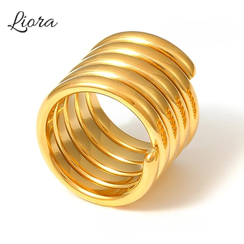 Liora Stainless Steel Round Rings For Women Men PVD Gold Plated Waterproof Charm Statement Rings Fashion Unisex Hip Hop Jewelry