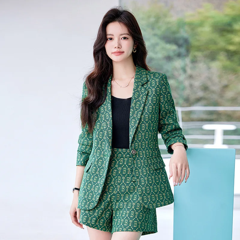 Plaid Business Suit Women's Formal Wear Temperament Long Sleeve Coat Shorts Printed Two-Piece Suit2024Spring and Autumn New