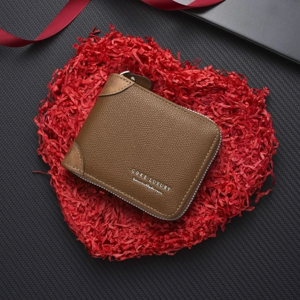 Dompet Pria Retro PU dengan Ritsleting, Warna Solid, Tempat Kartu Bisnis, Dompet Pendek dengan Banyak Slot Kartu, Dompet Koin Kulit, Hadiah