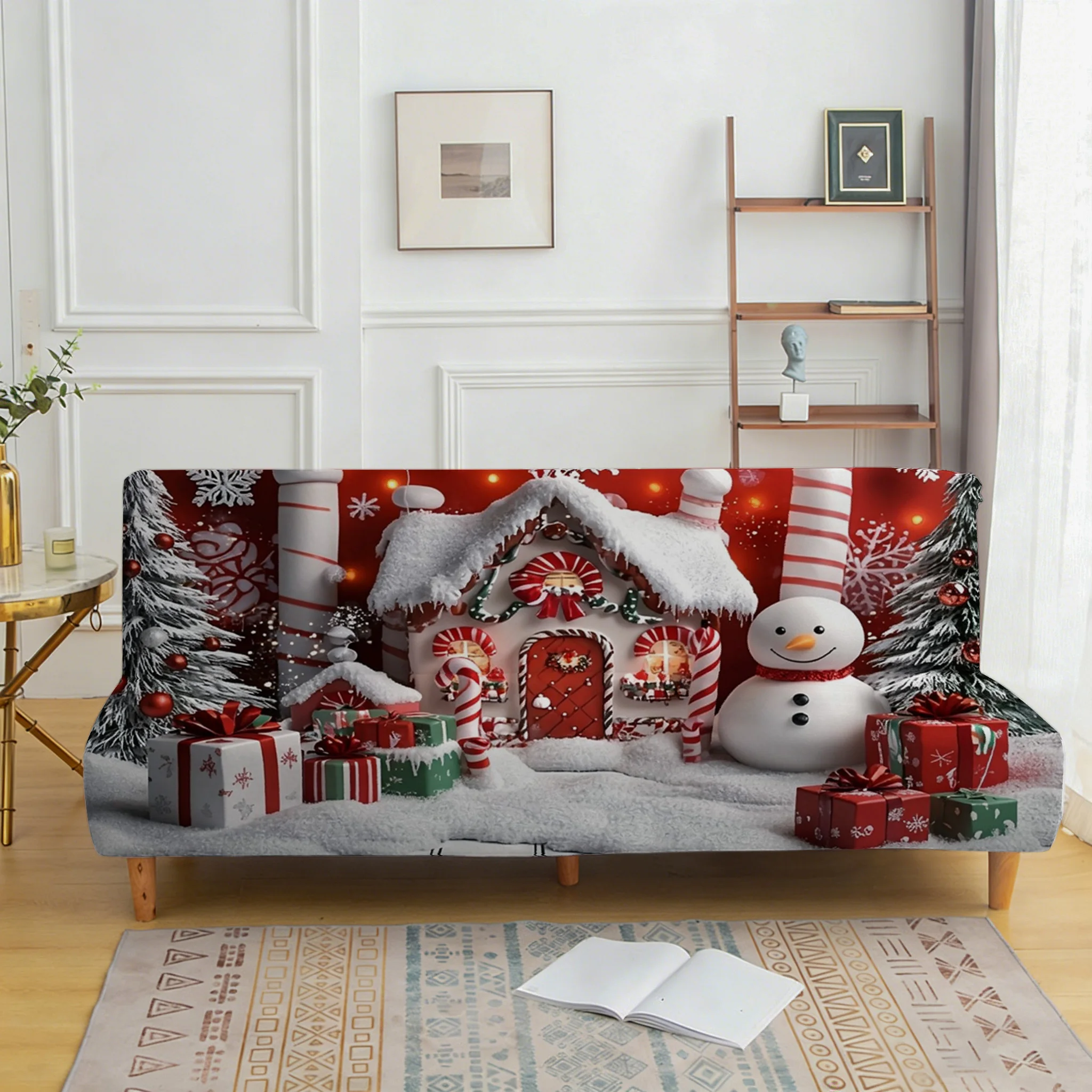 1PC Christmas Cute Snowman Gingerbread House Printed Elastic Folding Sofa Bed Cover, Holiday Decoration for Armless Sofa cover