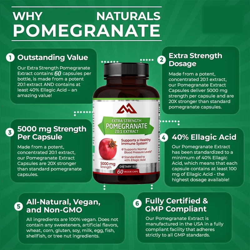 

Pomegranate 20:1 extract,5000 MG strength, 40% folic acid, 60 vegetarian capsules, 1 month supply, concentrated 20 times extract