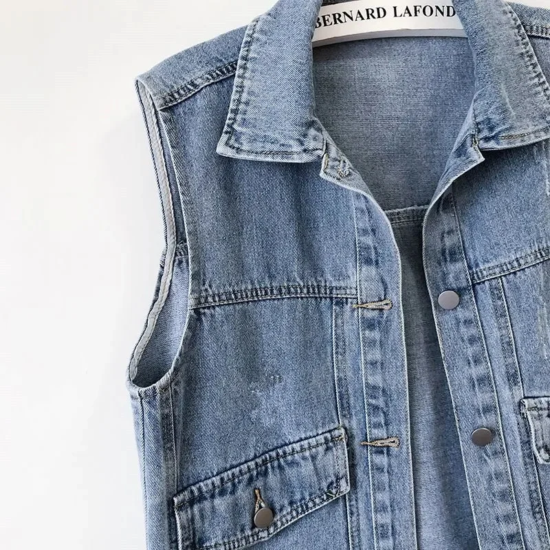 2024 Short Denim Vest Jackets Women Spring Autumn Pocket Jean Waistcoat Sleeveless Tank Schoolgirl Outerwear Casual Tops