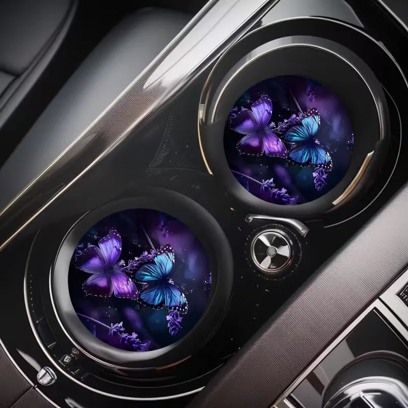 2PCS Lavender Butterfly Car Cup Mat, Car Goods, Creative Water Cup Mat, Car Interior Decoration, Non slip Storage Mat, Universal