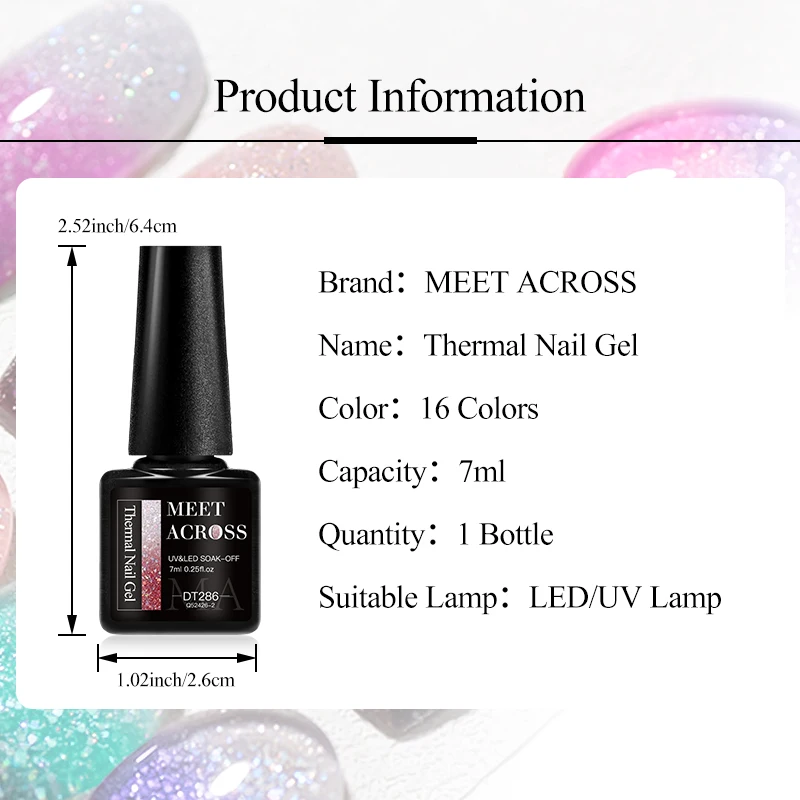 MEET ACROSS 7ml Glitter Thermal Gel Nail Polish 3 Colors Changing Soak Off Gel Winter Color Semi Permanant Nail Art Varnish
