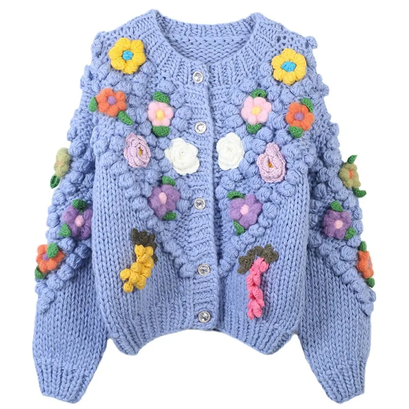 

Heavy industry sweater cardigan round neck long sleeve hand hook flower single breasted loose slim autumn and winter new women's