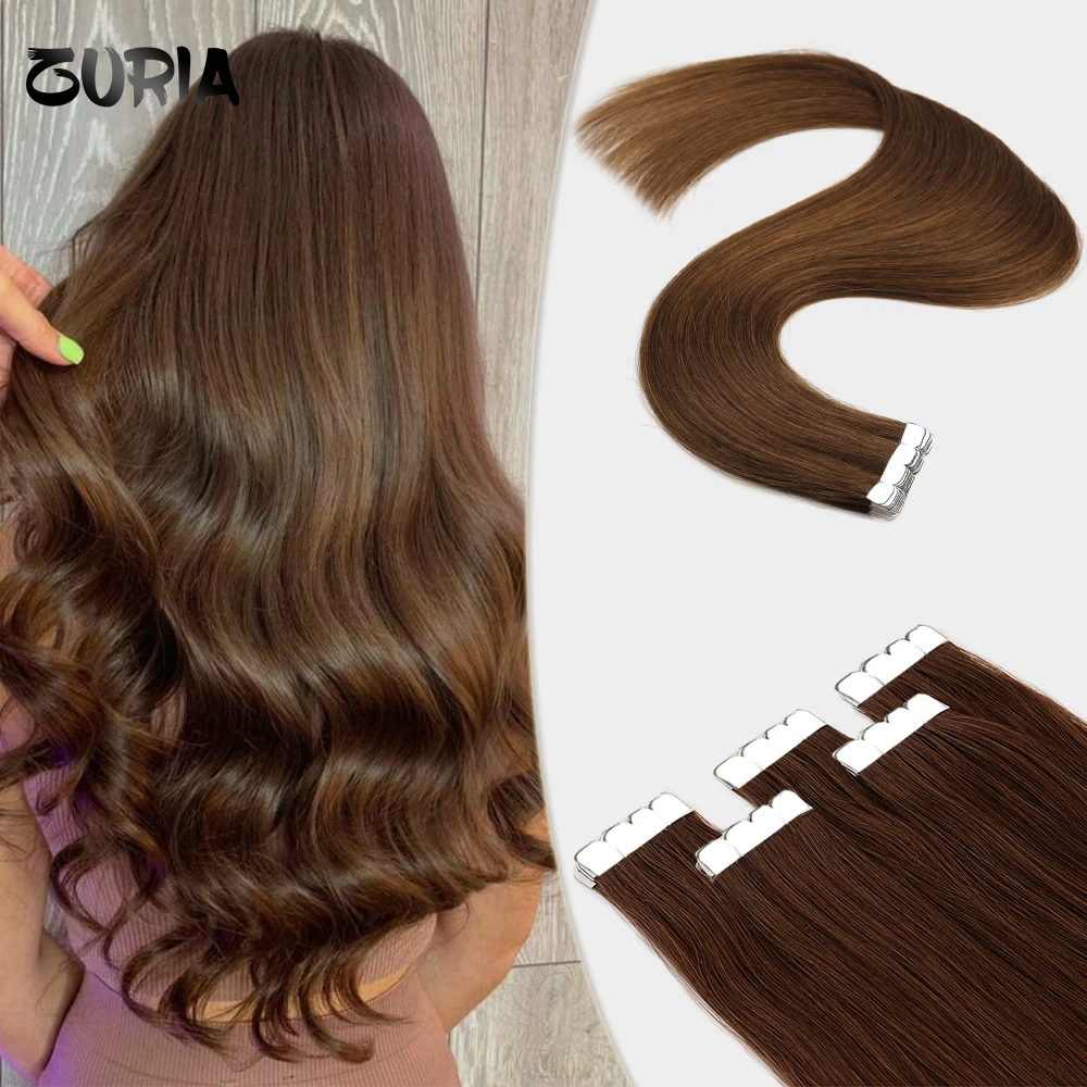 ZURIA Tape In Human Hair Extensions Machine Remy Tape Natural Seamless Skin Weft Adhesive Straight Hair 12\