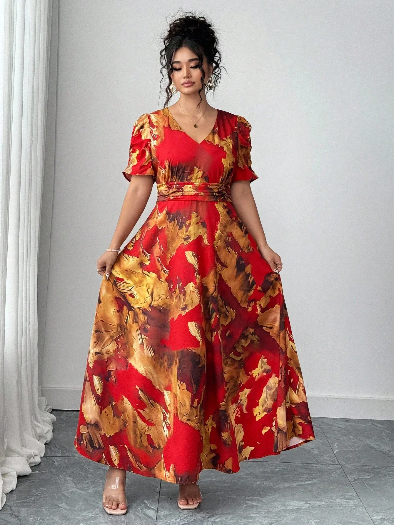 

Elegant V-Neck Ruched Waist Floral Print Maxi Dress For Women