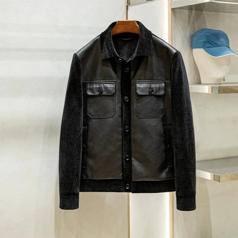 

Модная городская осенняя мужская повседневная приталенная куртка-рубашка из овчины в стиле пэчворк с воротником