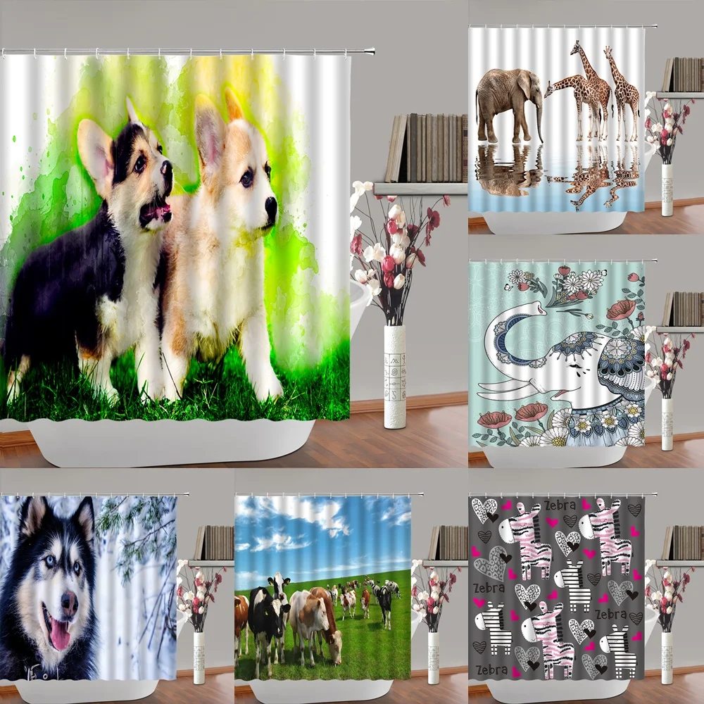 

Cute Dog Shower Curtain Animal Bull Cow Elephant Giraffe Zebra Polyester Fabric Bathroom Curtains Home Decor Screen with Hooks