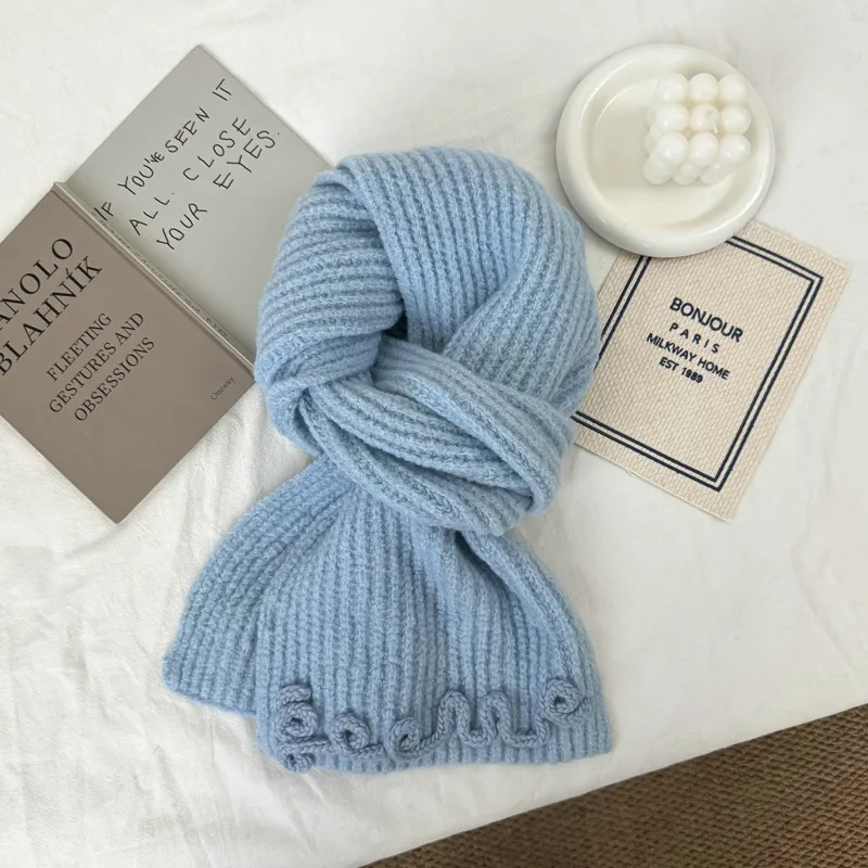 Winter Korean High-end Grey Wool Knitted Scarf Women's Atmosphere Thickened Neck Protection Cycling Skiing Scarf Decorative