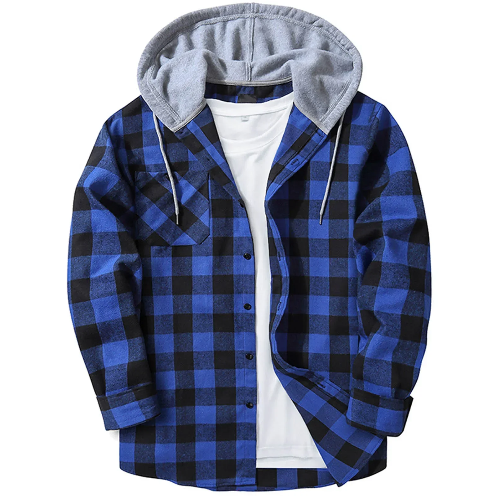 Spring Autumn Men\'s Hooded Shirts Classic Plaid Casual Button Down Hoodies Long Sleeve Double Pockets Shirts Flannel Jacket Tops