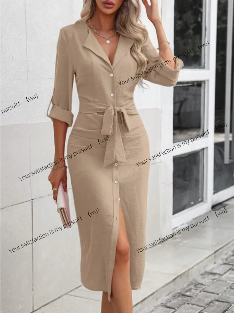 

ZOCI-Простой повседневный стиль с лацканами и шнуровкой, платье-рубашка с длинными рукавами, элегантное платье