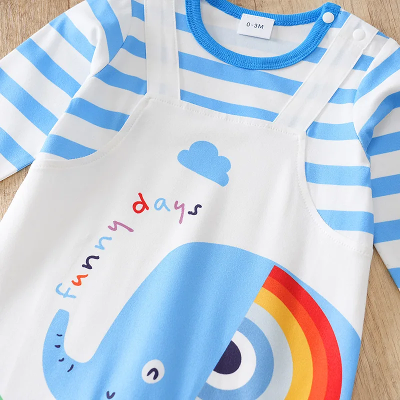 Dziecko kreskówka szczęśliwy słoń/wzór żyrafy fałszywe dwa swobodne kombinezony w paski z długimi rękawami dla małych dzieci i chłopców