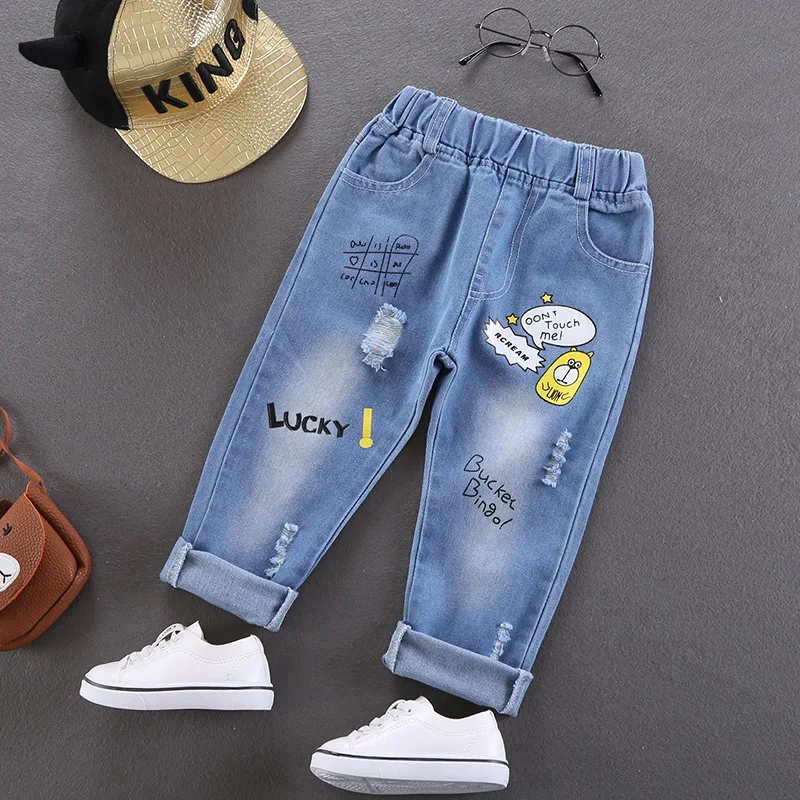 2023 Spring Autumn Girls Cute Cartoon Print Jeans Pant Baby Kids Children Denim Trousers