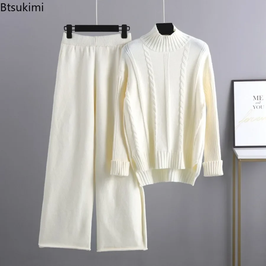 2024 Women's Winter Knitted Sets Tracksuit Two Piece Set Split Half Turtleneck Sweater and Wide Leg Pants 2 Piece Sets Outfits