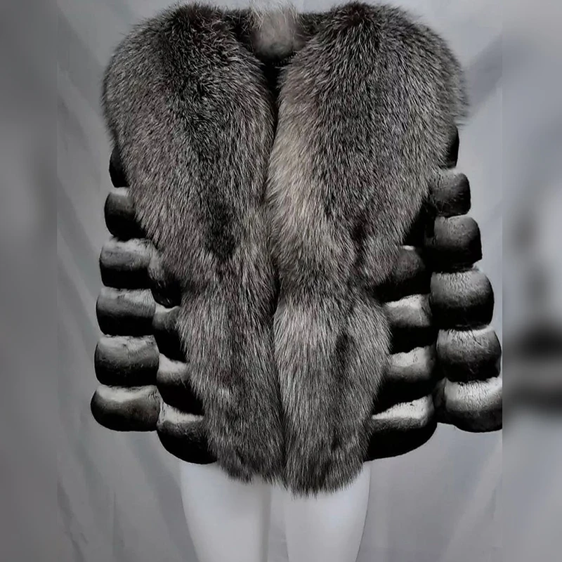 Natuurlijke Patchwork Vos Bontkraag Voor Rex Konijnenbont Jas Vrouwen Winter Thicken Luxe Fashion Echt Real Fur Jacket Lady