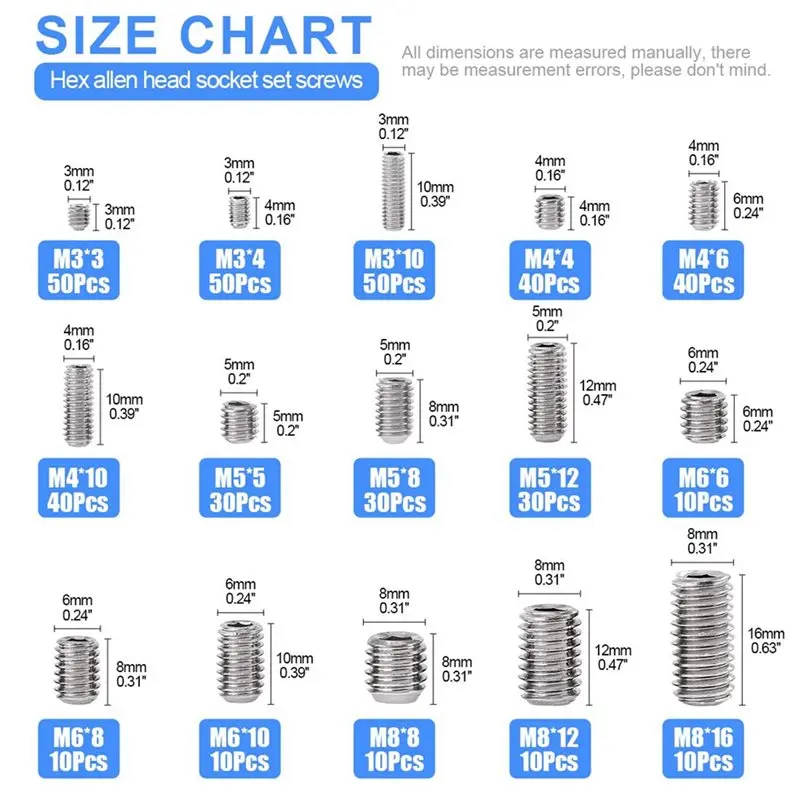 AC88-Internal Hex Drive Grub Screw 420Pcs M3//M5/M6/M8 Allen Head Socket Set, 304 Stainless Steel Screw Assortment Kit