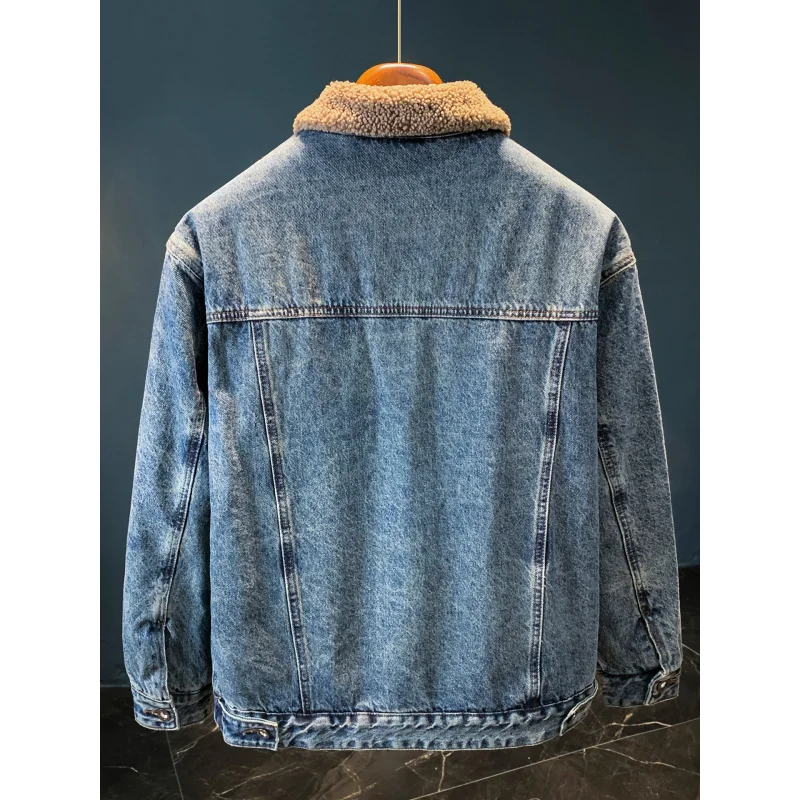 

Толстая джинсовая куртка с добавлением флиса для мужского зимнего тепло, мужская одежда, американская куртка в стиле ретро плюс с воротником