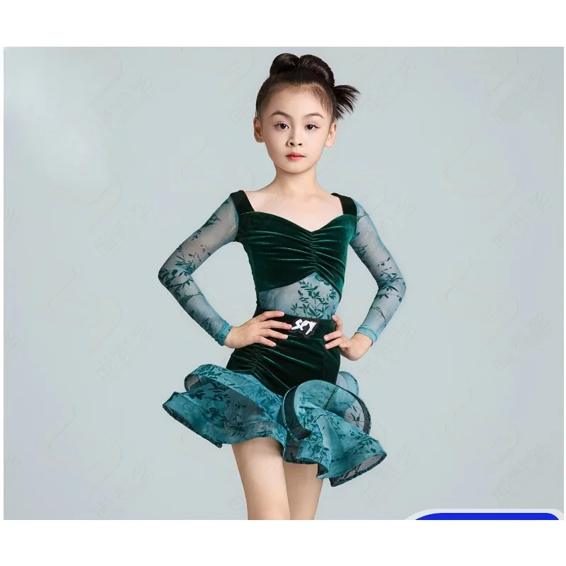 

2026 зимний новый костюм для латинских танцев для девочек, высококачественный бархатный костюм с длинными рукавами для тренировок и выступлений, юбка