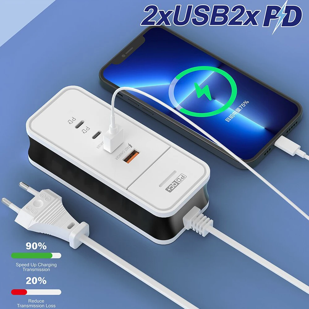 4-in-1 Power Socket Adapter 50W 2USB 2PD Fast Charging Charger Portable EU US Plug Socket For Home Office Travel Wall Charger