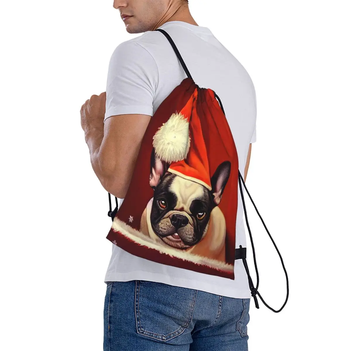 Christmas Dogs French Bulldogs Backpacks Portable Drawstring Bundle Pocket Shoes Bag Book Bags for Travel Students