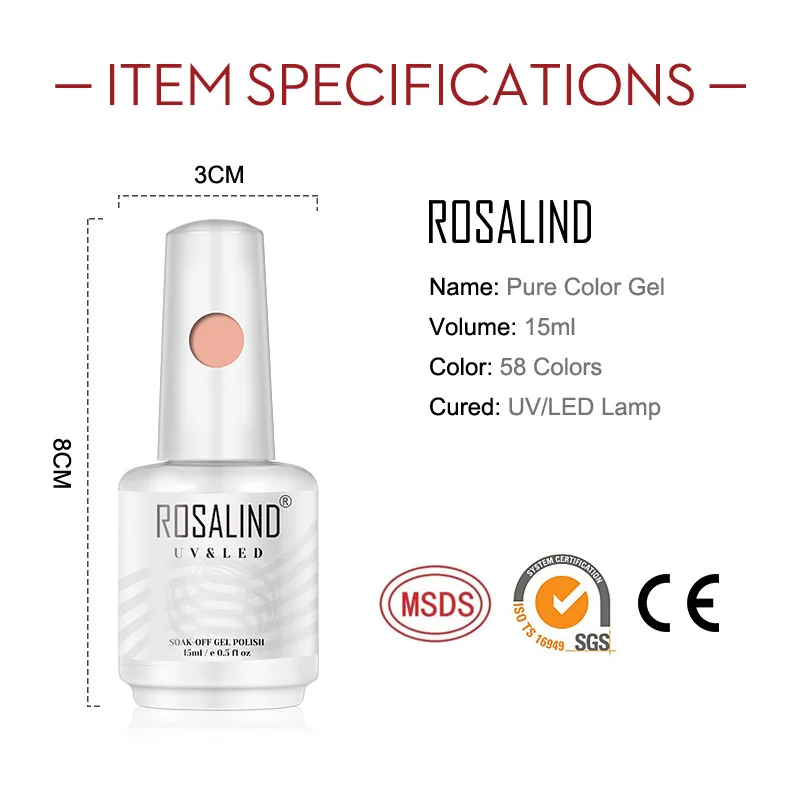 ROSALIND Gel Nail Polish Nails Design Cured with LED/UV Lamp Semi Permanent Soak Off Base Top Coat Nail Gel Nail Art 15ml