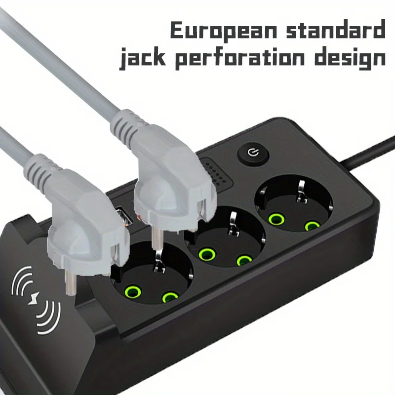 EU Plug Power Strip 3 Socket 2500W Electrical Outlet with 4 USB 1 Type-C Ports 2m Extension Cord Adapter 0.5A Wireless Charging