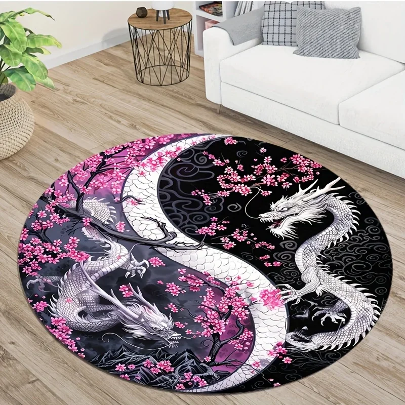 Cherry Blossom & Dragon Round Rug – Crystal Velvet Non-Slip Mat for Bedroom, Living Room, Game Room & Office