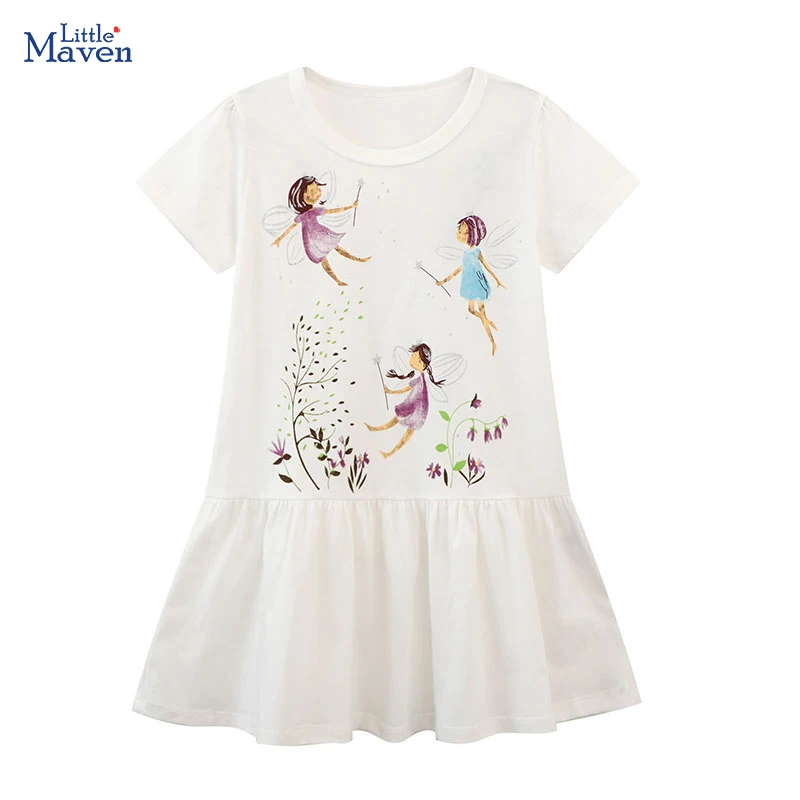 Little Maven Baby Girls Summer 2024 New Kids Clothes Dress Holiday Cartoon White Dresses Children\'s Clothing Vestidos Cotton