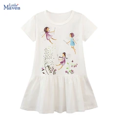 Little Maven Baby Girls Summer 2024 New Kids Clothes Dress Holiday Cartoon White Dresses Children's Clothing Vestidos Cotton