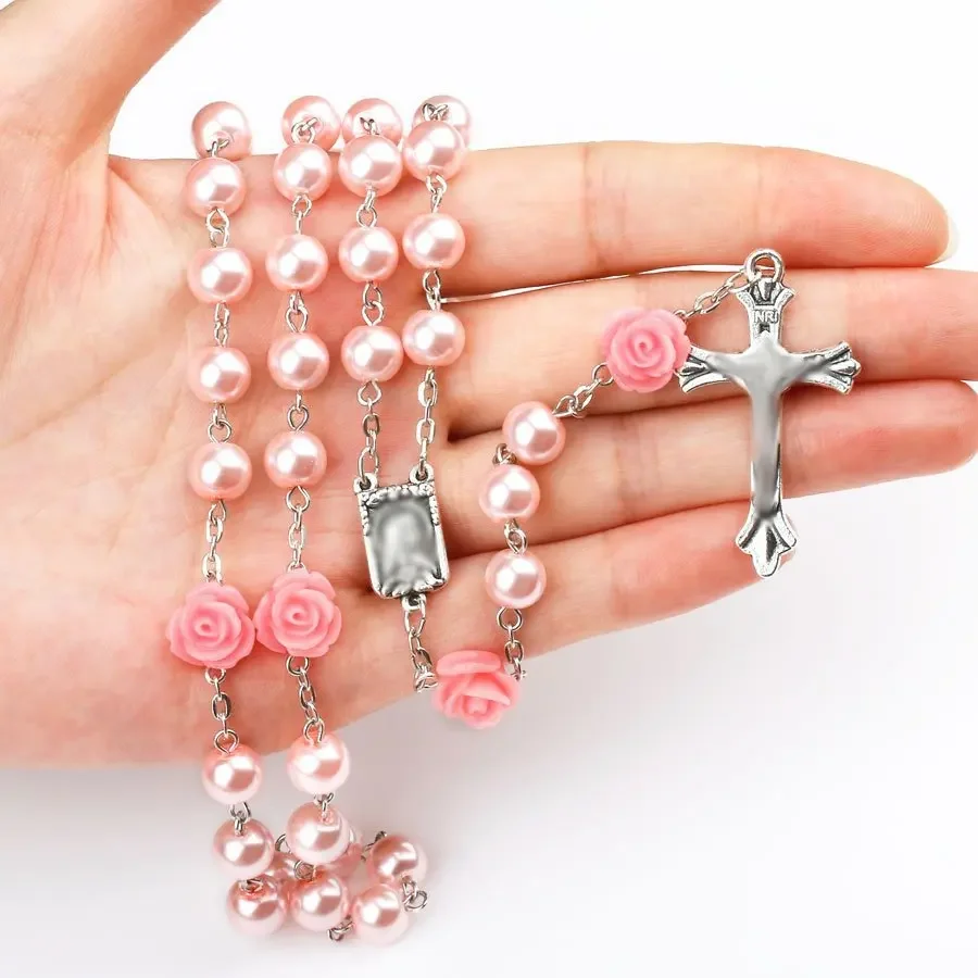 

6MM Pink Rosary Necklace For Women Rose Glass Beads Chain Crucifix Cross INRI Pendant Men Religious Prayer Long Jewelry