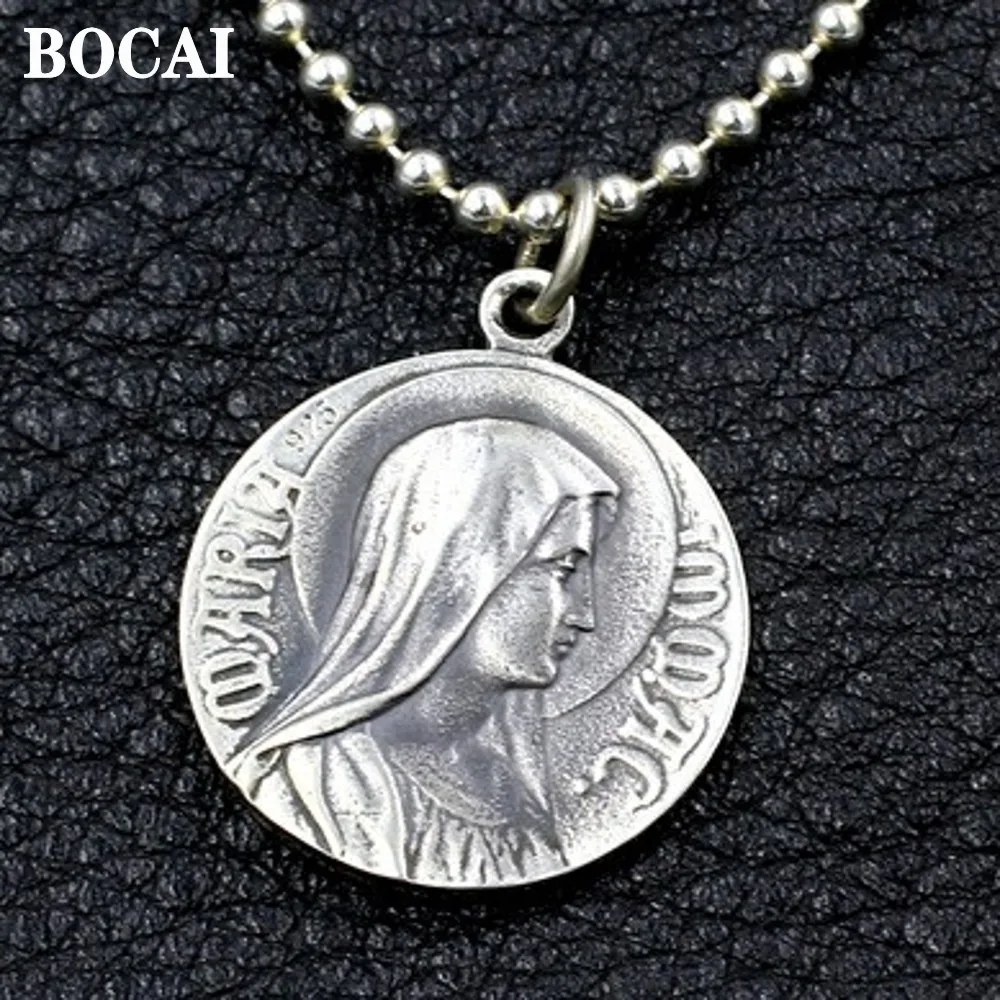 BOCAI New Original Catholic Virgin Mary Tag Solid S925 Pure Silver Handmade Vintage Jesus Man and Woman Round Pendant