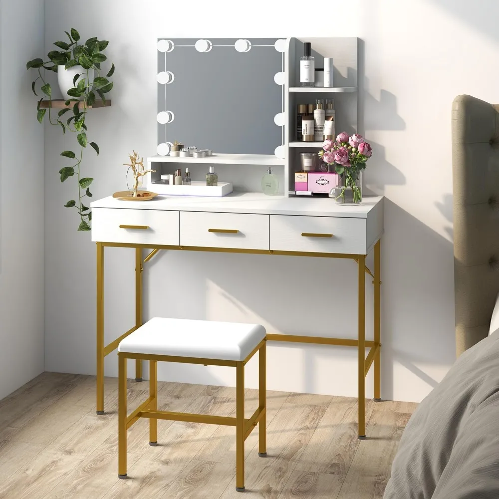 Table with Lighted Mirror, 3 Drawers Makeup Desk Dressing Table with Lots Storage Vanity Set with Wider Cushioned Stool