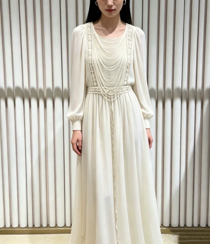 Luxury 100% Real Silk Maxi Dress Women Beaded Elegant Ivory White Lantern Sleeve Runway Evening Gala Gown