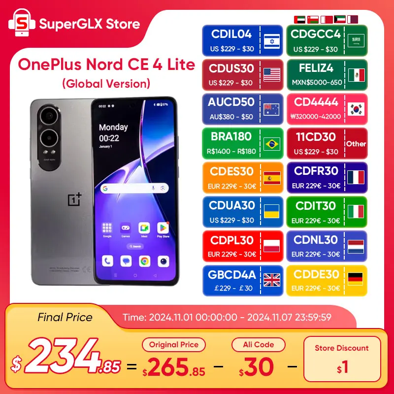 

2024 New Global Version OnePlus Nord CE 4 Lite CE4 Snapdragon 695 5G Smartphone 6.67"120Hz AMOLED Display 5110mAh 80W SUPERVOOC