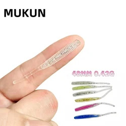 MUKUN Single Needle Tail Worm Micro 48mm 0.42g Fishing Lure Ajing Small Rockfish Silicone Isca Artificial Bait Luminous Jig 12pc