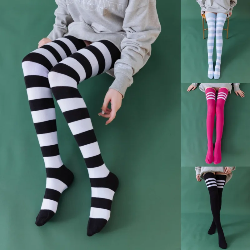 

1/2 Pairs Women Over The Knee Socks Cotton Thigh High Socks Black White Blue Colorful Striped Pattern Fashion Casual Daily Wear