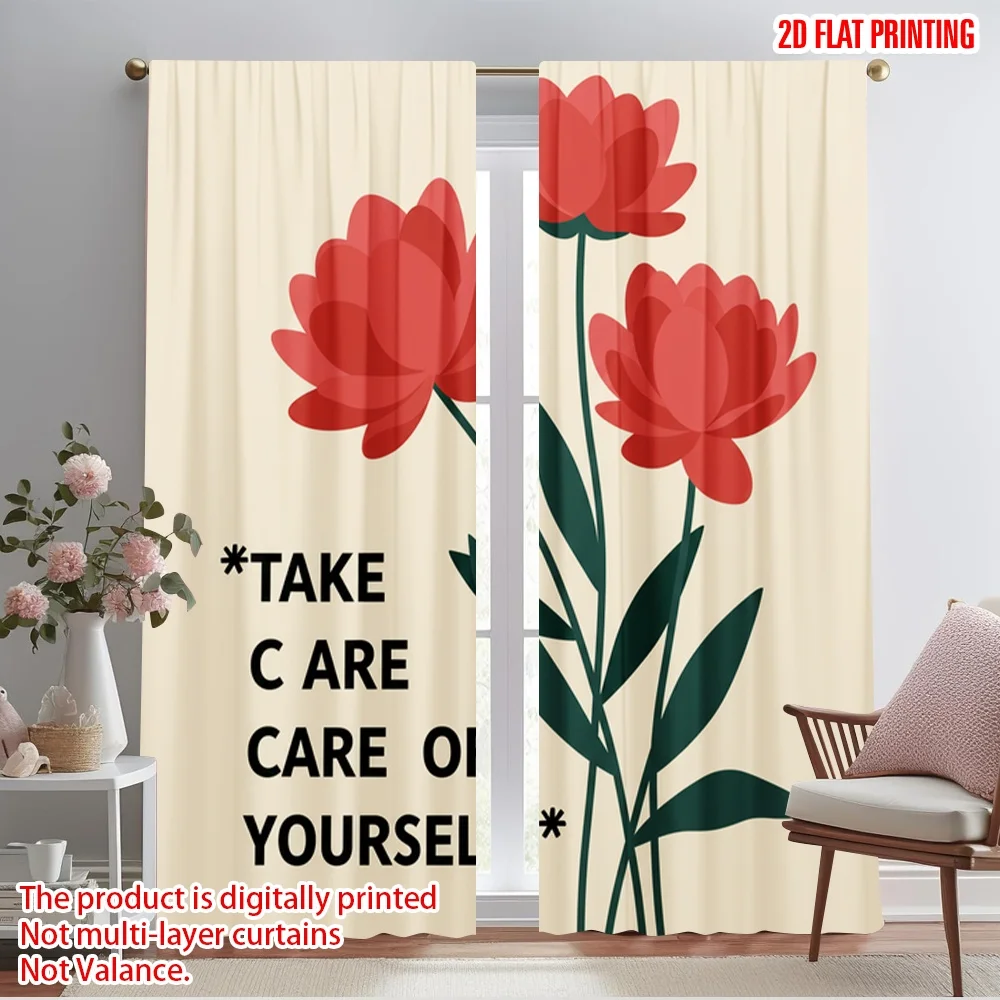 

2pcs 2D flat printing Curtain Red Flowers Self Care 100% Polyester Fabric Without Electricity Seasonal Party & Holiday Decor Use