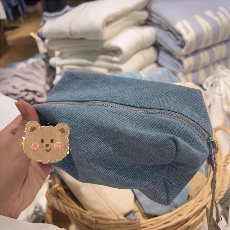 Retro Blue Denim Sweet Storage Bag Women Mini Bag Solid Zipper Cute Makeup Bag Rectangle Student Pencil Bag Chic Coin Purse New