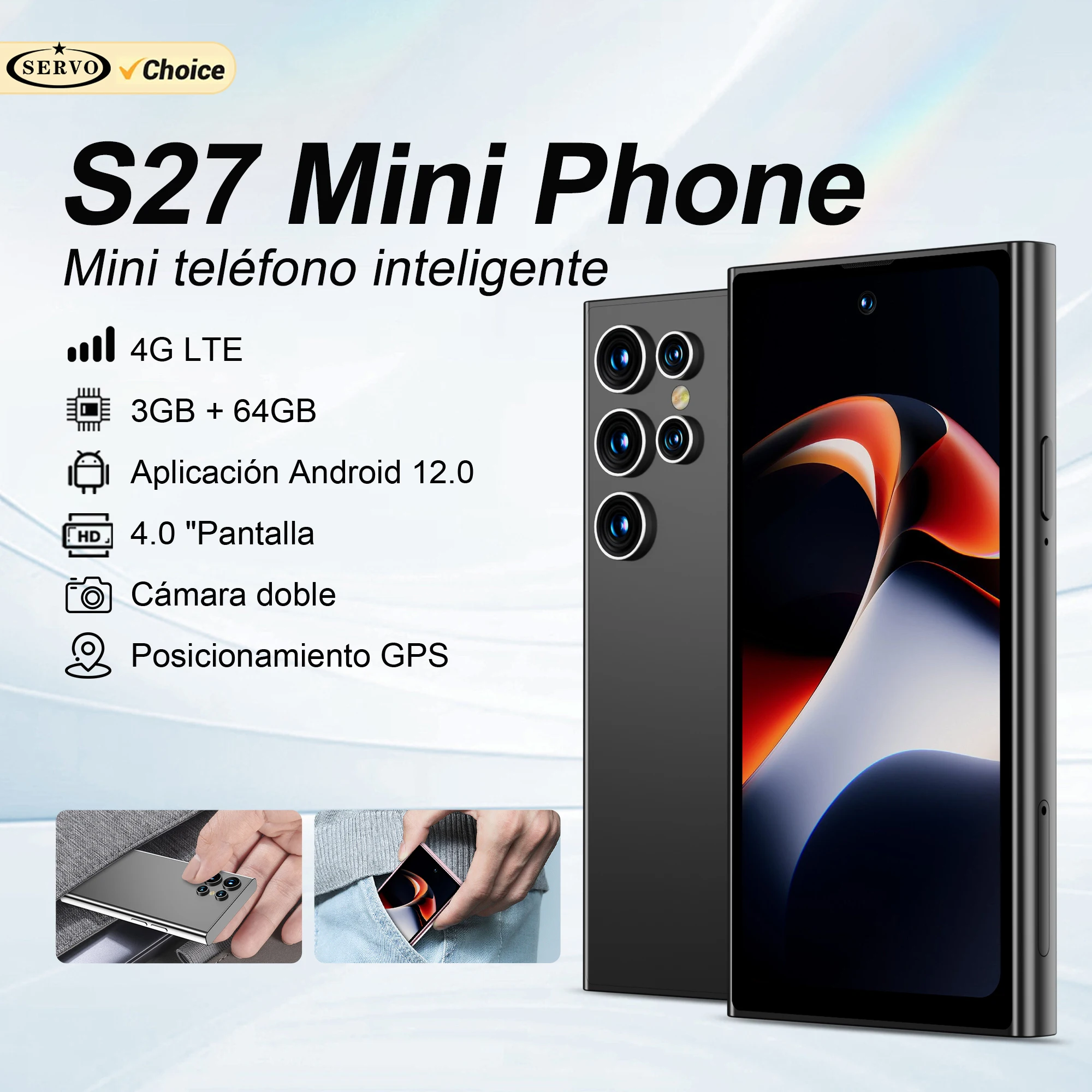 SERVO S27 Mini, Teléfono Inteligente con Sistema Operativo Android, 4G LTE, 3GB+64GB, Play Store, GPS, WiFi, Face ID, Pantalla de 4.0 Pulgadas, Teléfonos Inteligentes Pequeños, Doble SIM