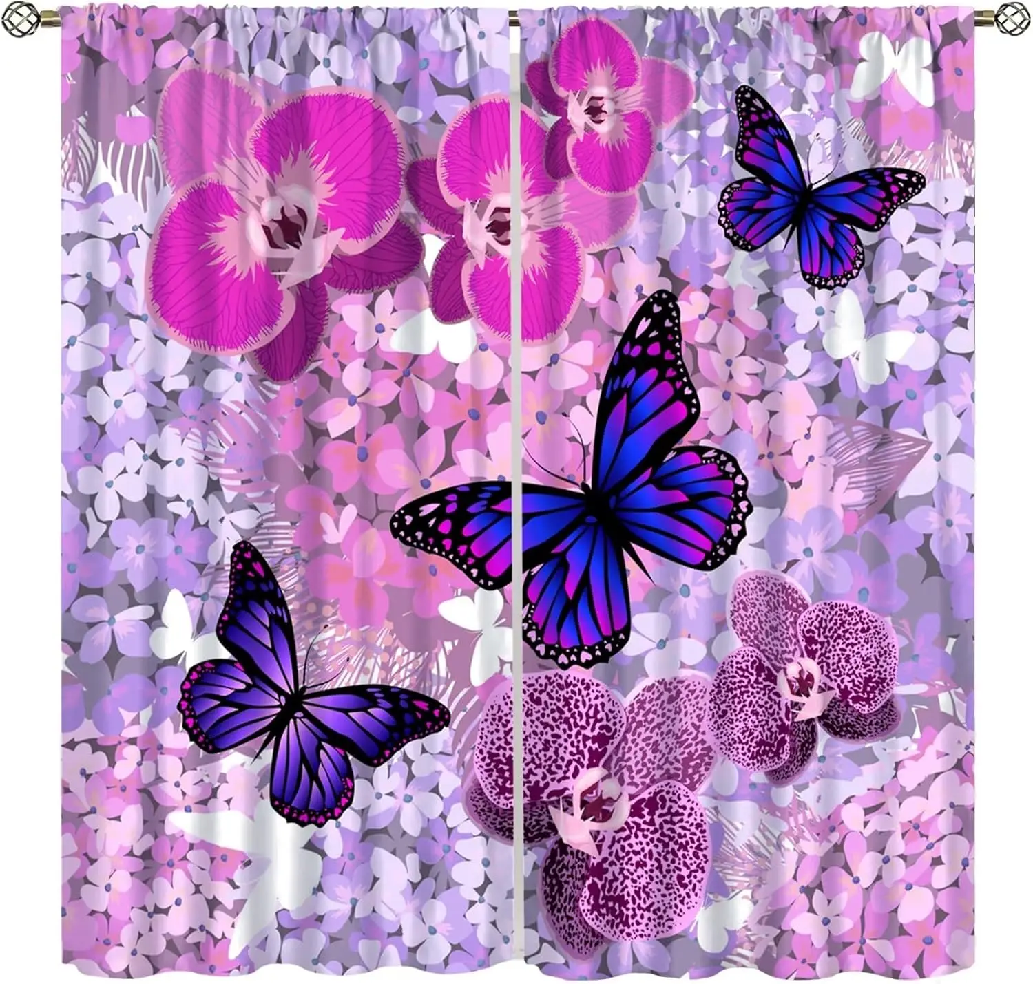 Romantic Floral Curtain Purple Butterfly Orchid Multilayer Flower Realistic Print Light Filter Drape For Living Room Balcony