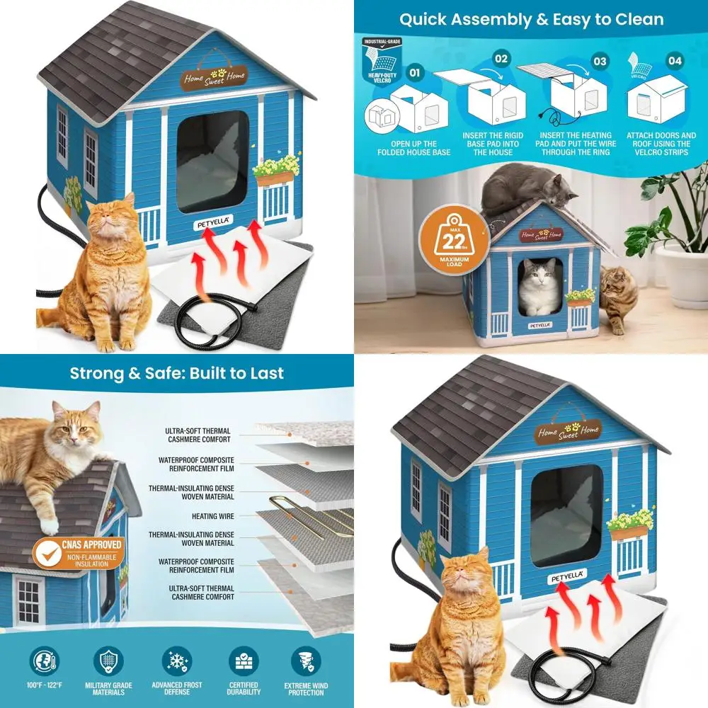 

Зимний утепленный домик для кошек класса люкс с подогревом, простая сборка, двойные двери, подходит для использования в помещении и на улице - Blue Tiles Pet