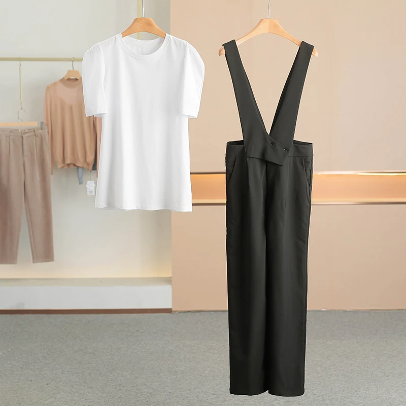 

XKing Pure Color round Ne T-irt And Overalls Set Summer Collection New Women's Faion 25-35 Years Old Chinese Brand