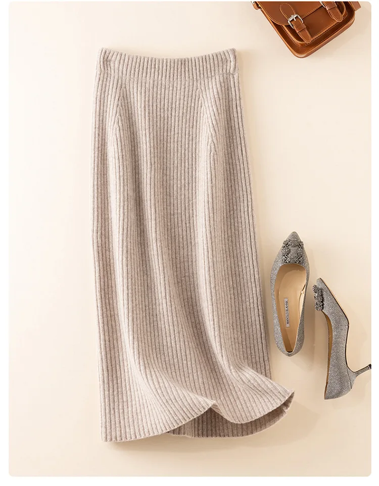 Autumn Winter Cashmere Skirt Women's Mid-length Thick Bag Hip High Waist Long Skirt Knitted Wool New Temperament Simple Elegant