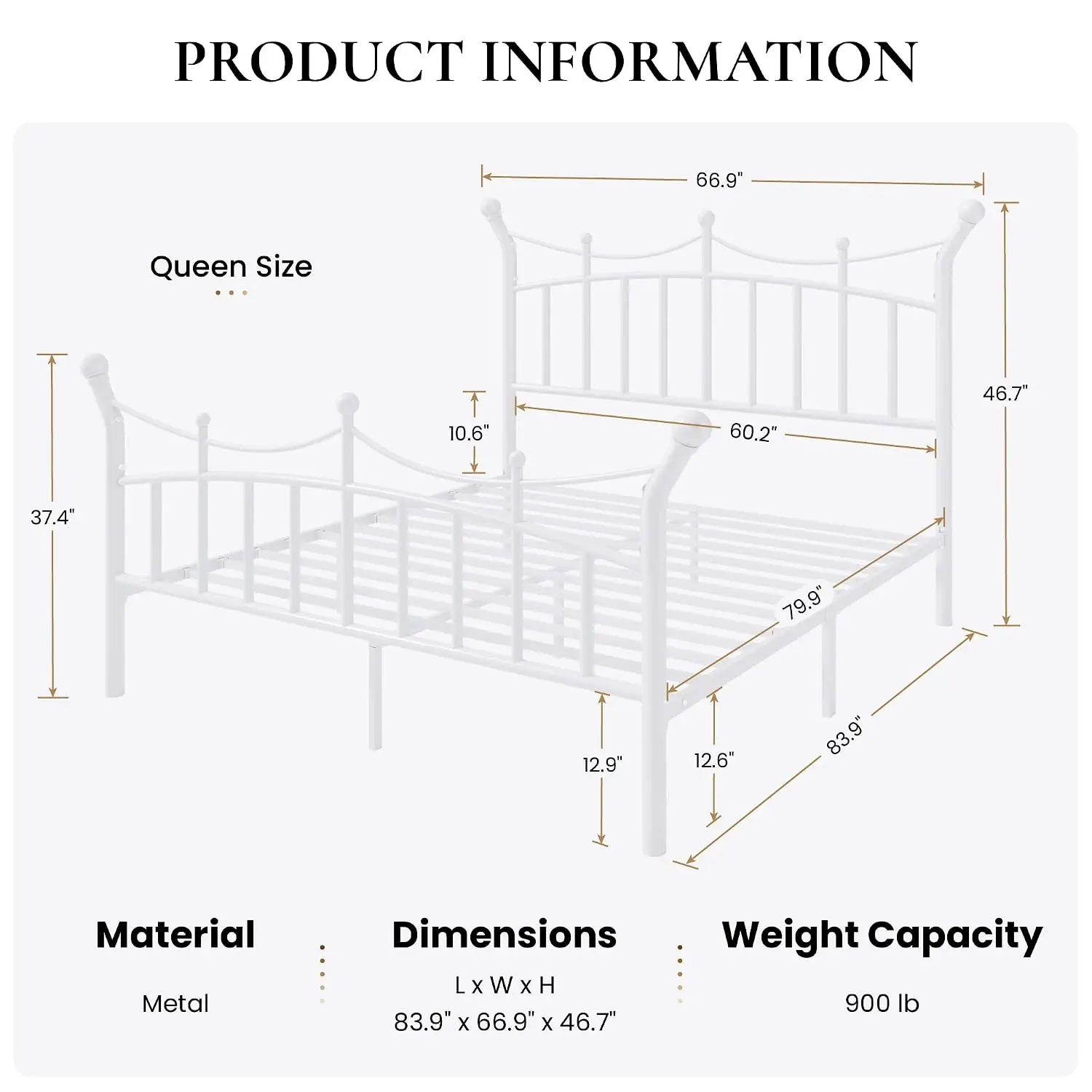 Crown Metal Bed Frame Queen Size Bedroom Furniture White, Customized
