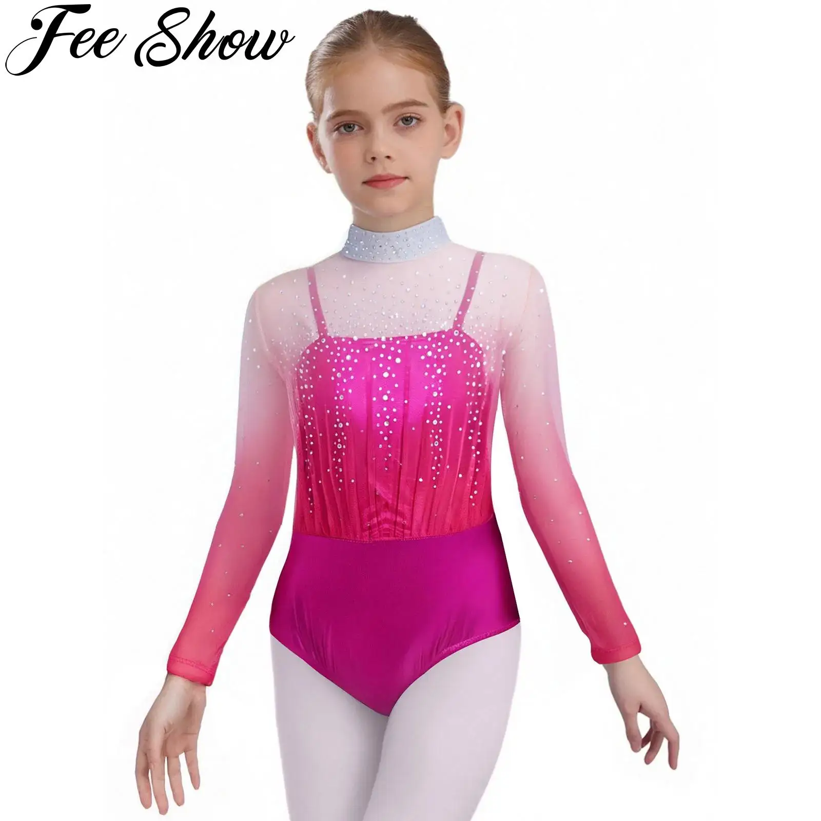 

Girls Gymnastics Ballet Dance Leotard Rhinestones Sheer Mesh Long Sleeve Jumpsuit Figure Skating Acrobatics Performance Costume