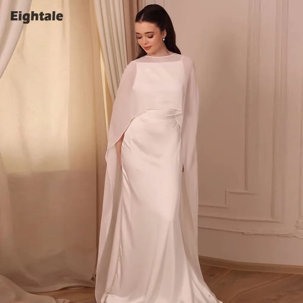 

Eightale Arabic Wedding Dress Customized Ivory Two Pieces O-Neck Bridal Gown Satin Muslim Mermaid Bride Party Dress