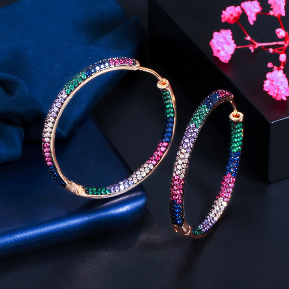 

Trendy Two Tones Rainbow Cubic Zirconia Circle Round Hoop Earrings For Women Jewelry Hip Hop Pendientes Mujer Indie Grunge Gift